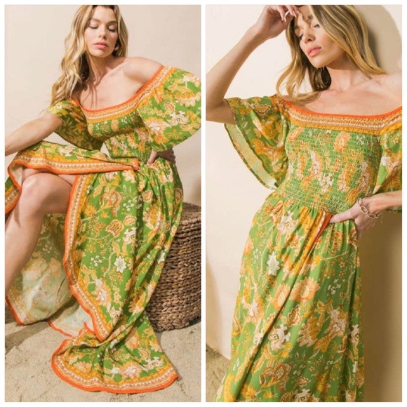Off the Shoulder Tropical Print Floral Maxi Dress | Smocked Bodice Hi-Lo Hem - Picture 8 of 8